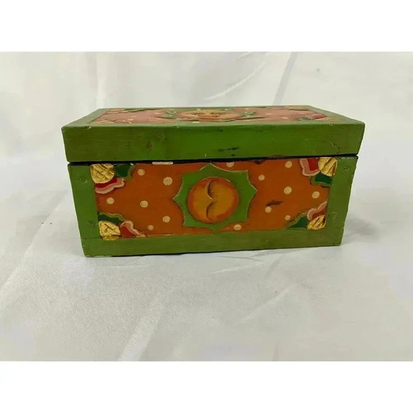 VTG Carved Hand Painted Wooden Box Sun Folk Art Design Green Orange Boho - Picture 5 of 12